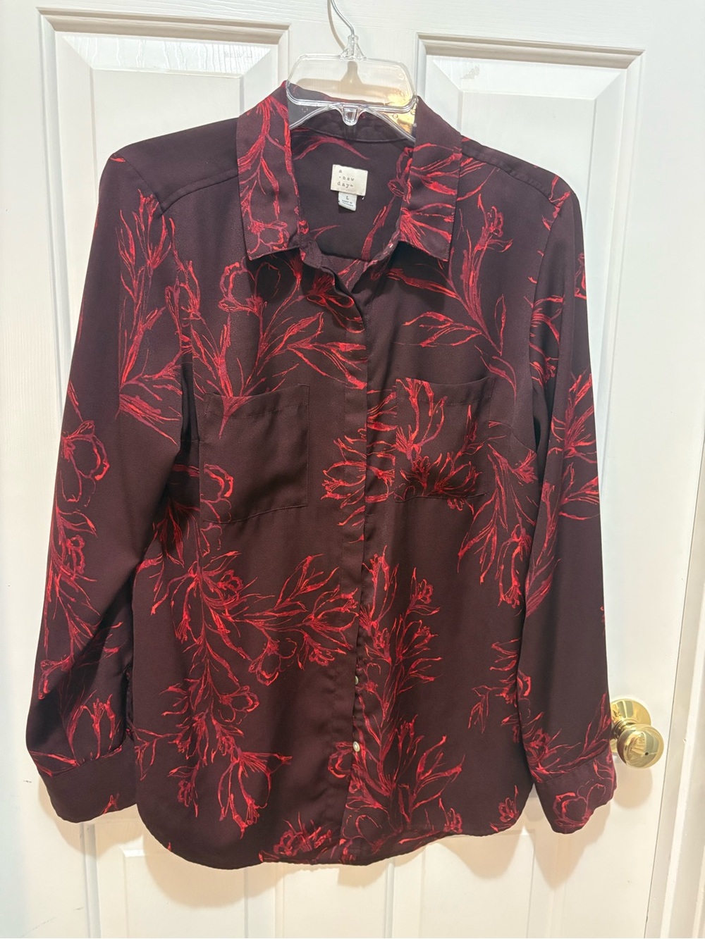 a new day Burgundy Blouse with Red Floral Accents